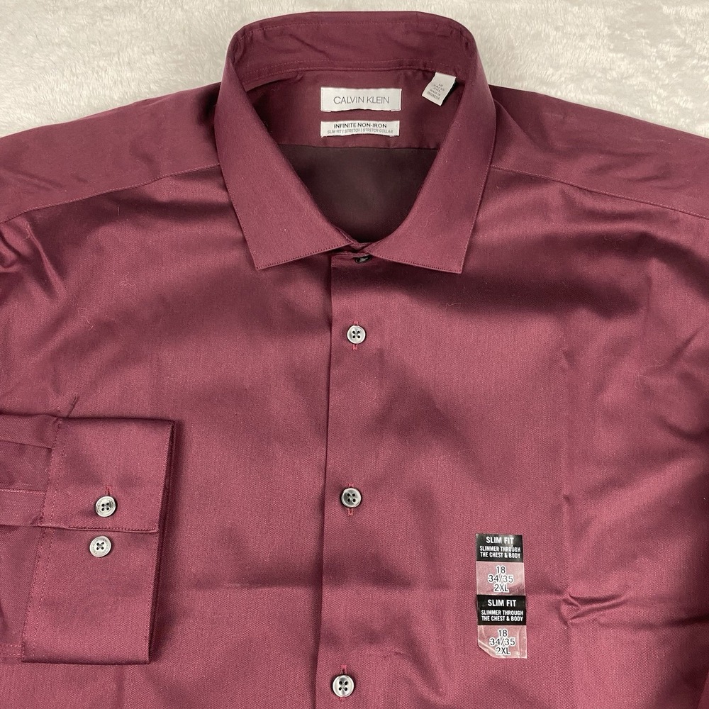 Calvin Klein Dress Shirt Mens 18-34/35 2XL Merlot Slim Fit Non Iron Stretch